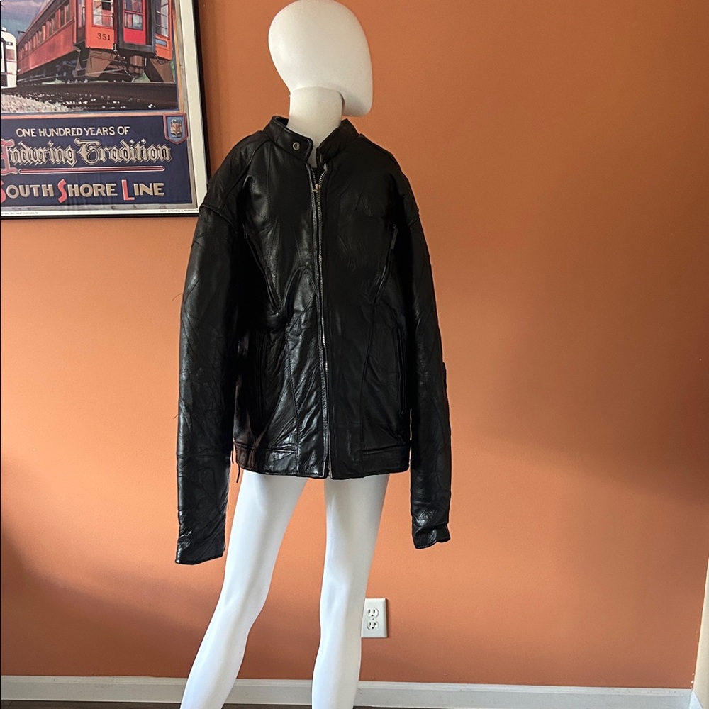 VINTAGE DIAMOND PLATE BUFFALO LEATHER men’s black biker jacket